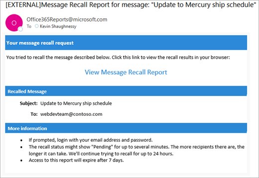 Message Recall Report email in the inbox with a View Report link