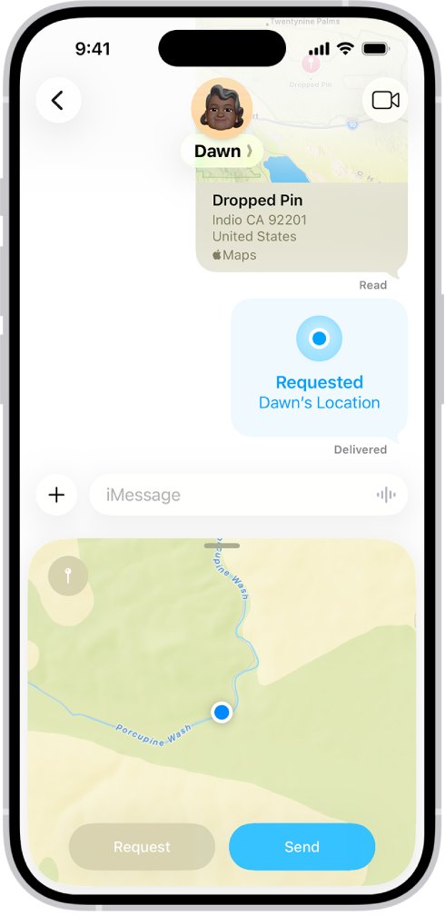 Messages thread with a dropped pin and a location request