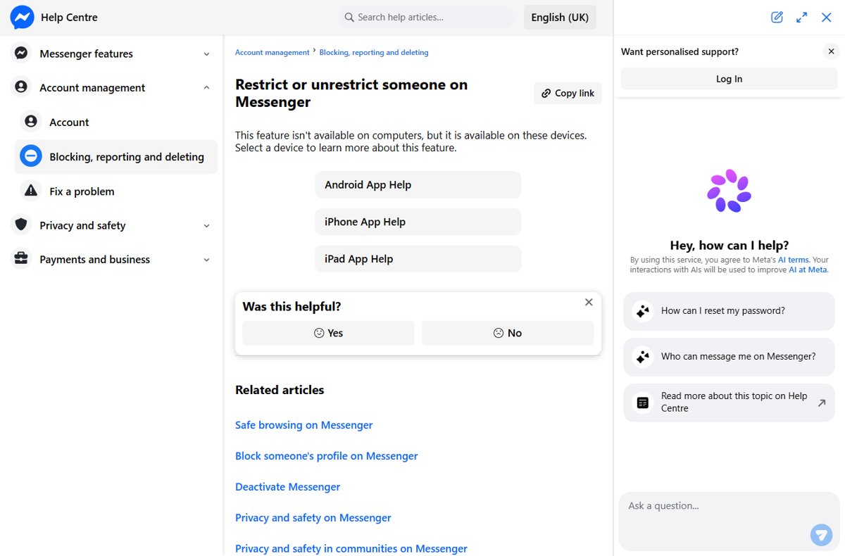 Messenger Help Centre article titled Restrict or unrestrict someone on Messenger