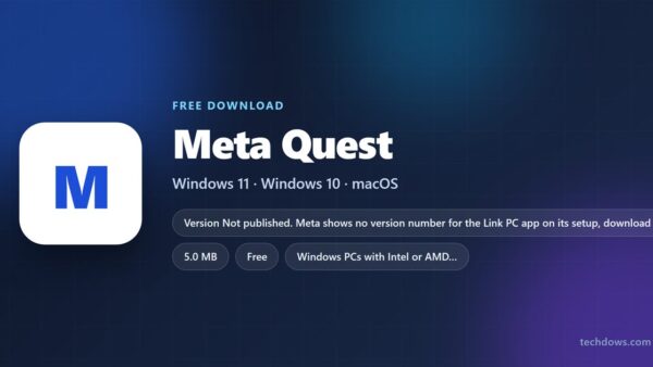 Meta Quest Link logo with price, Windows support and disk space