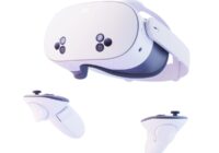 Meta Quest headset and two controllers on a plain background