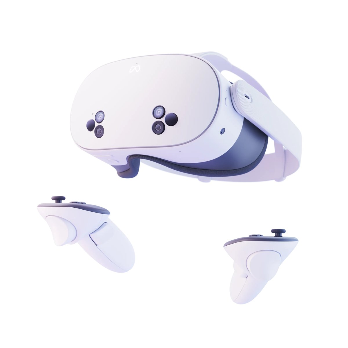 Meta Quest headset and two controllers on a plain background