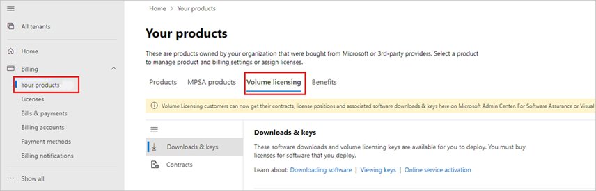 Microsoft 365 admin center Your products page with Volume licensing tab open