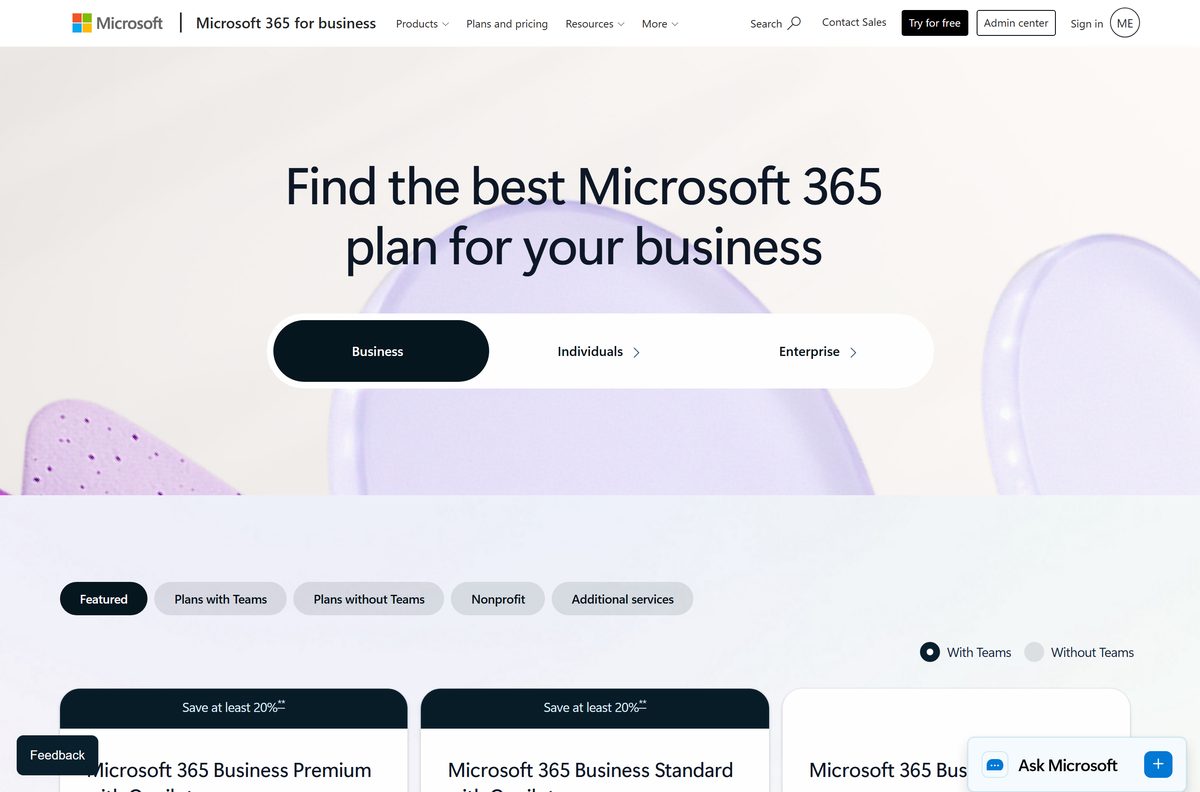 Microsoft 365 business plan pricing with desktop app tiers and trial buttons