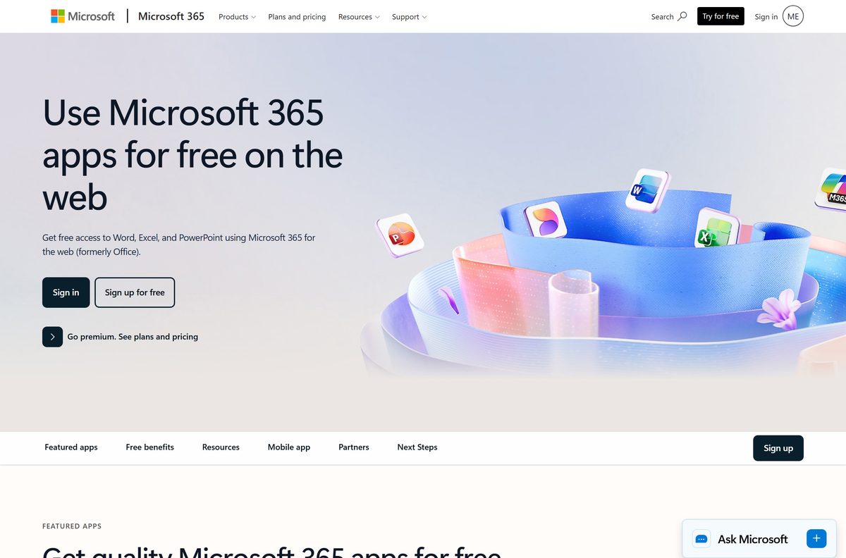 Microsoft page offering Word, Excel and PowerPoint free in a browser