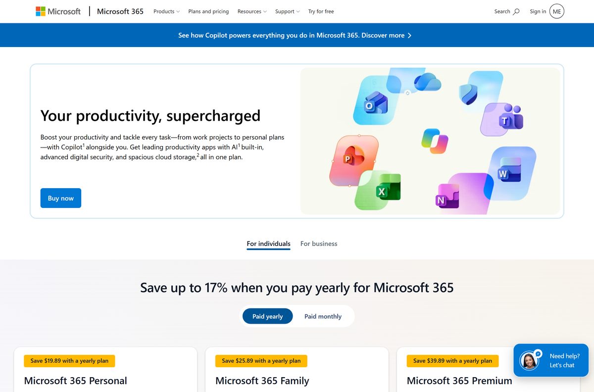 Microsoft 365 plan comparison page listing Personal, Family and Premium prices