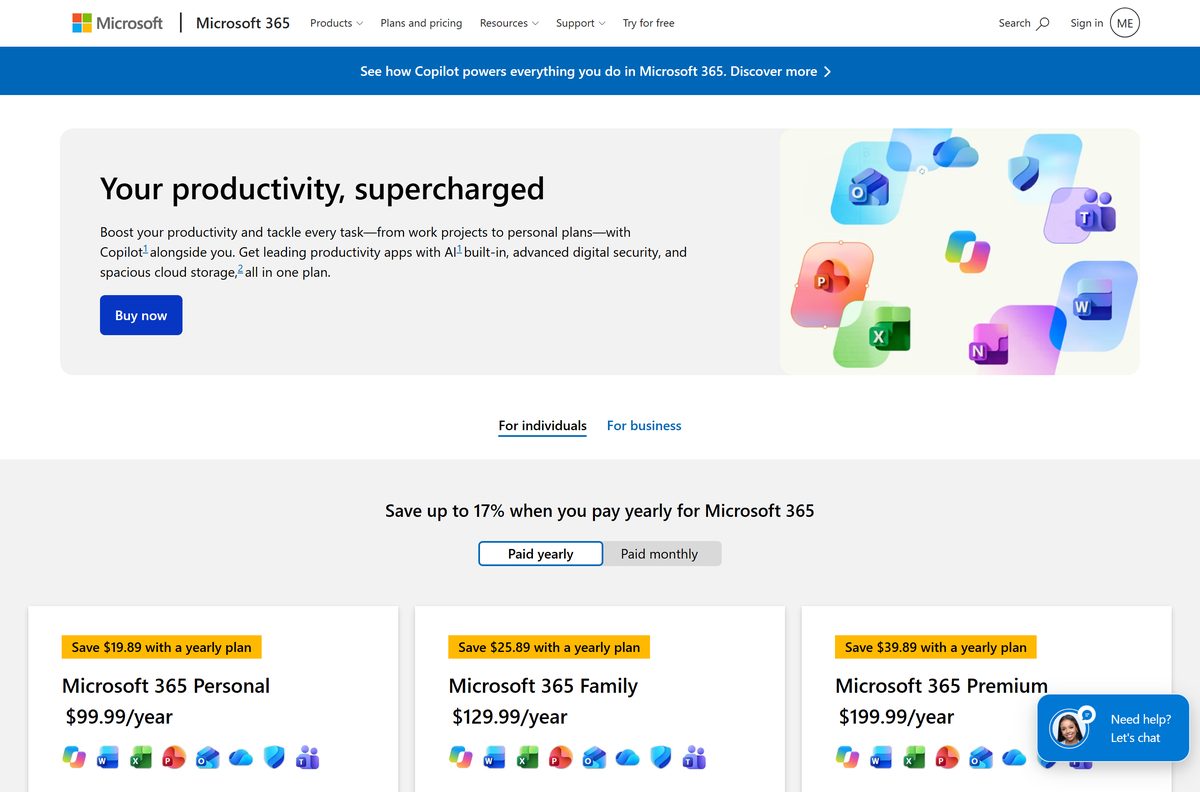 Microsoft 365 plan comparison with Personal, Family and Premium prices