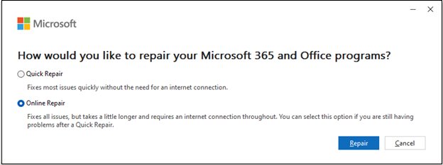 Microsoft 365 repair dialog with Quick Repair and Online Repair options
