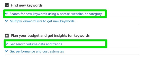 Microsoft Advertising Keyword Planner menu highlighting Search for new keywords option