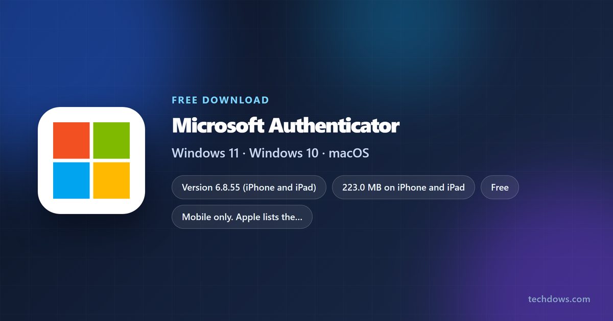 Microsoft Authenticator logo beside price, supported systems and app size