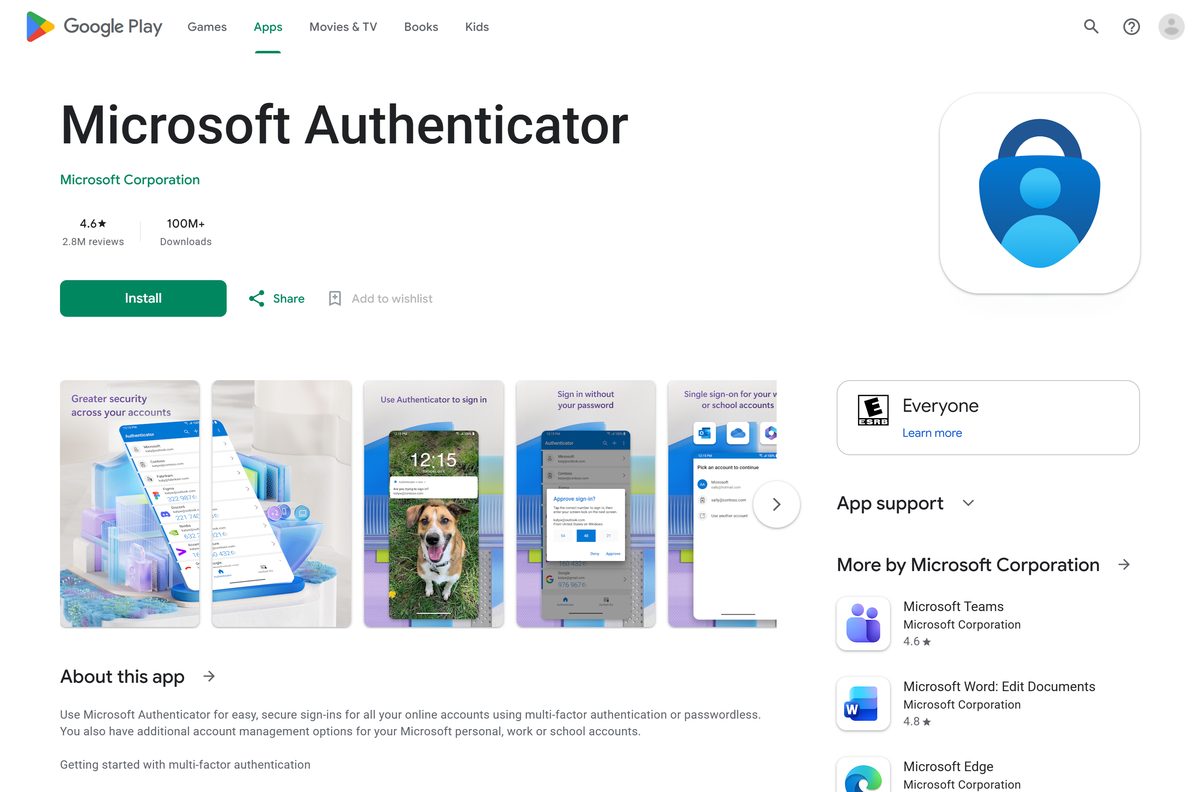 Google Play listing for Microsoft Authenticator with rating and install button