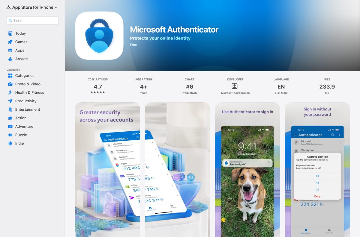 App Store page for Microsoft Authenticator on iPhone and iPad