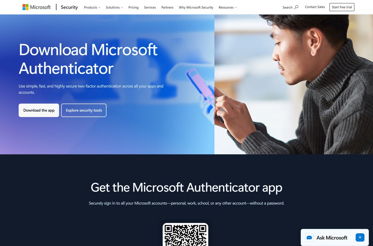 Official Microsoft Authenticator page with store buttons and a QR code