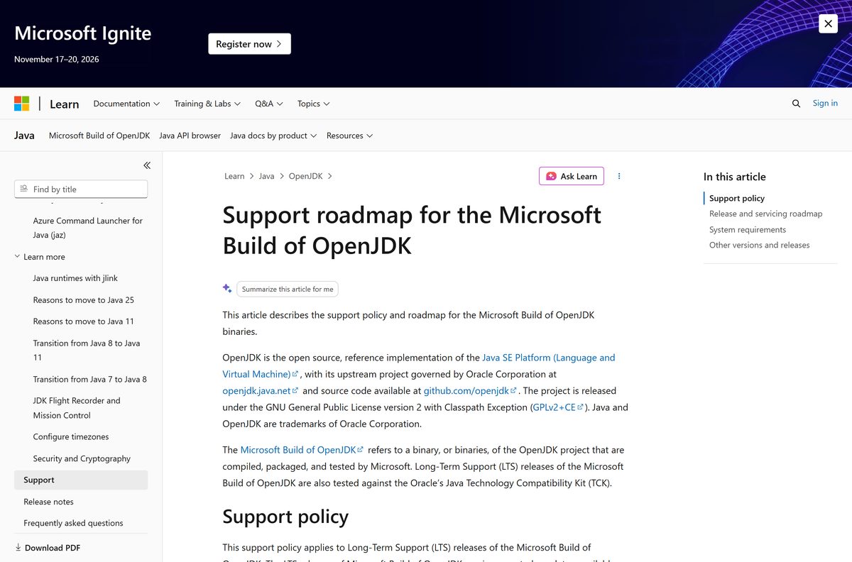 Support roadmap table showing end dates for each OpenJDK LTS release