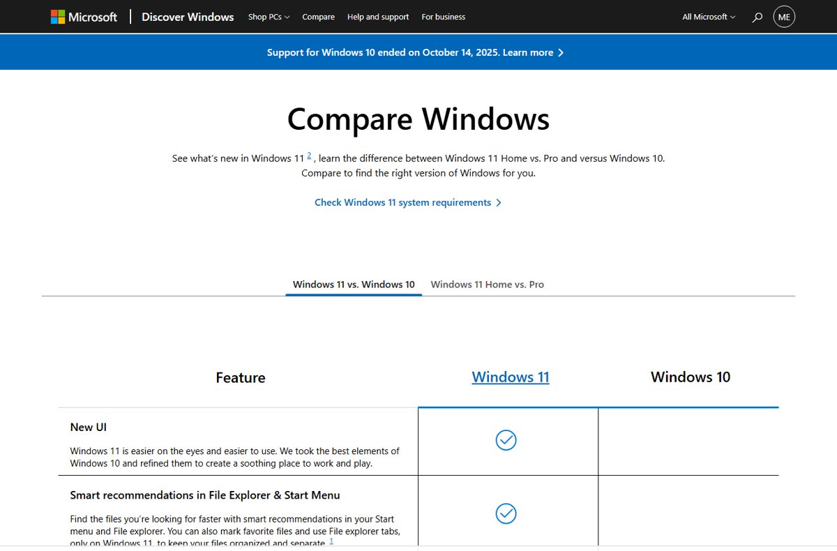 Microsoft Compare Windows page with the Windows 11 Home vs. Pro tab