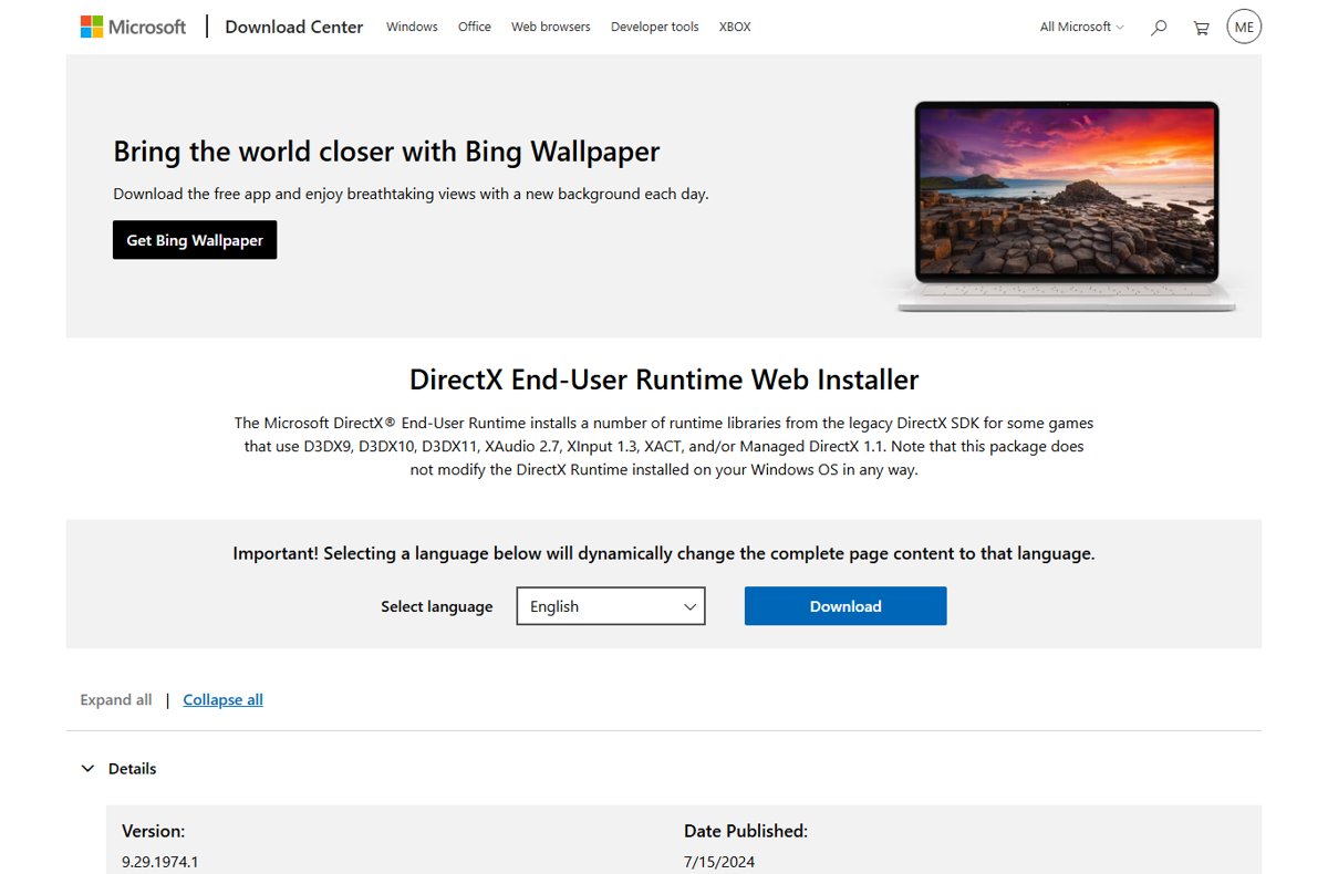 Microsoft Download Center page for the DirectX End-User Runtime Web Installer
