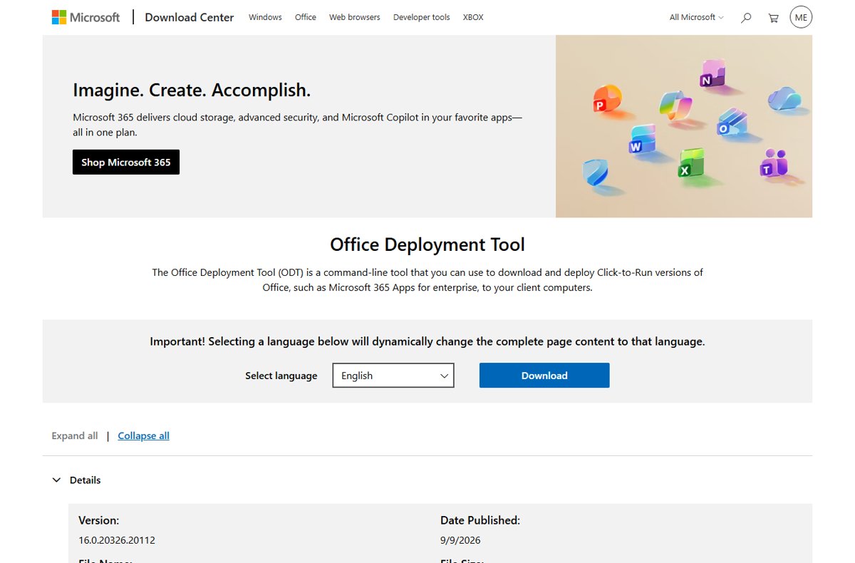 Microsoft Download Center page for the Office Deployment Tool