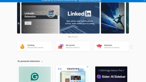 Microsoft Edge Add-ons store homepage with Discover, Extensions and Themes tabs
