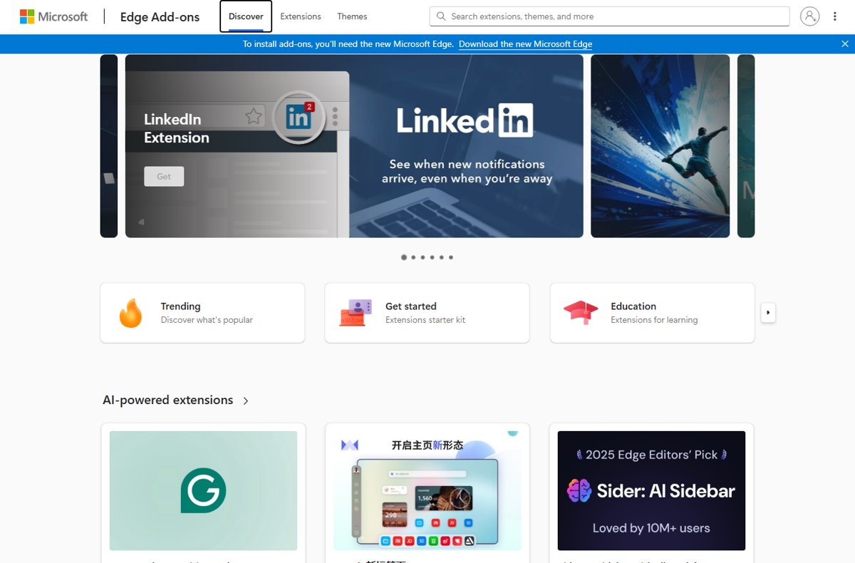 Microsoft Edge Add-ons store homepage with Discover, Extensions and Themes tabs