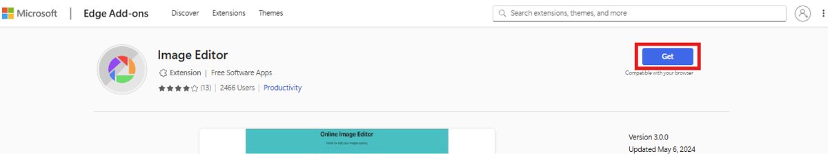 Microsoft Edge Add-ons store listing with the Get button highlighted