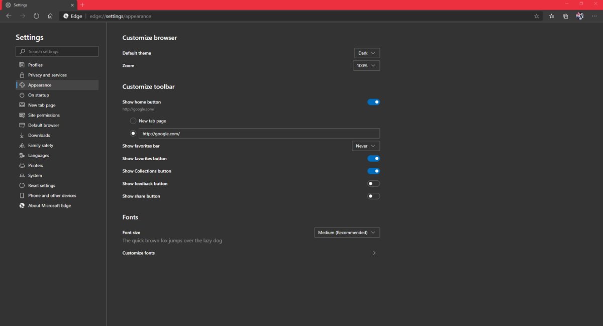 Microsoft Edge Appearance settings showing the Show home button toggle enabled