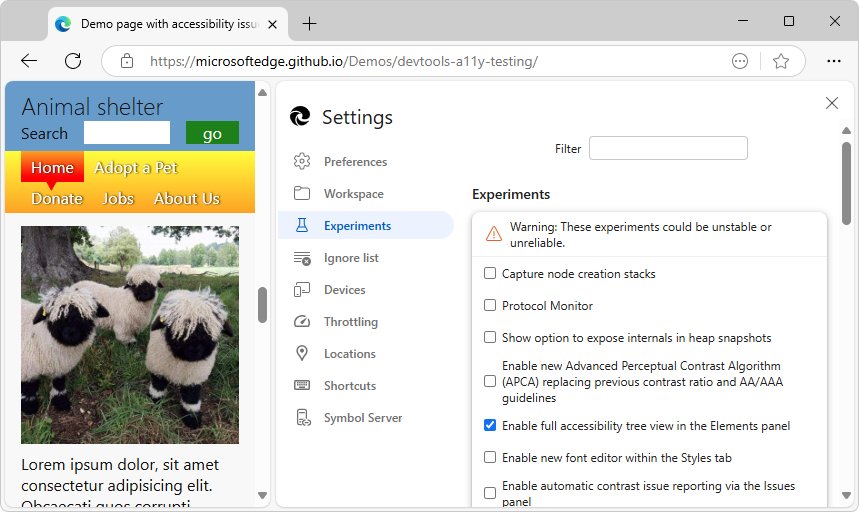 Microsoft Edge DevTools Experiments settings list with checkboxes and warning