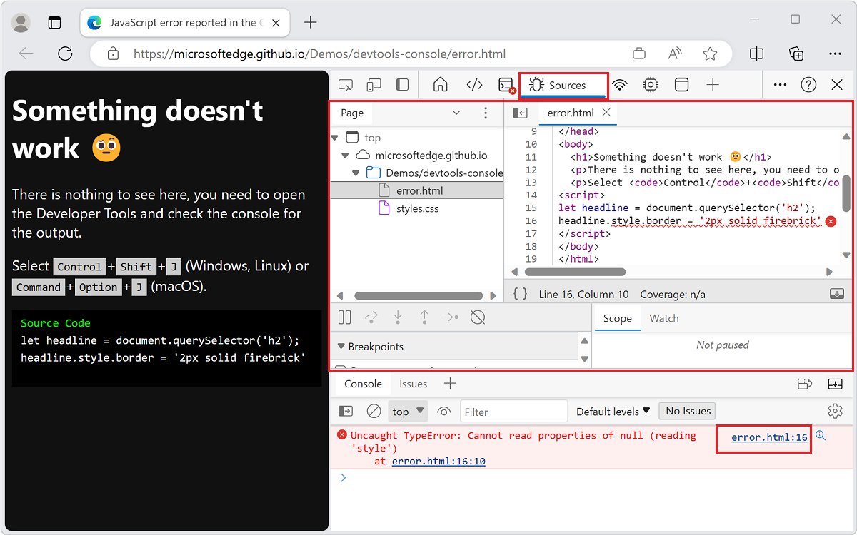 Microsoft Edge DevTools jumping from a red Console error to the highlighted Sources line