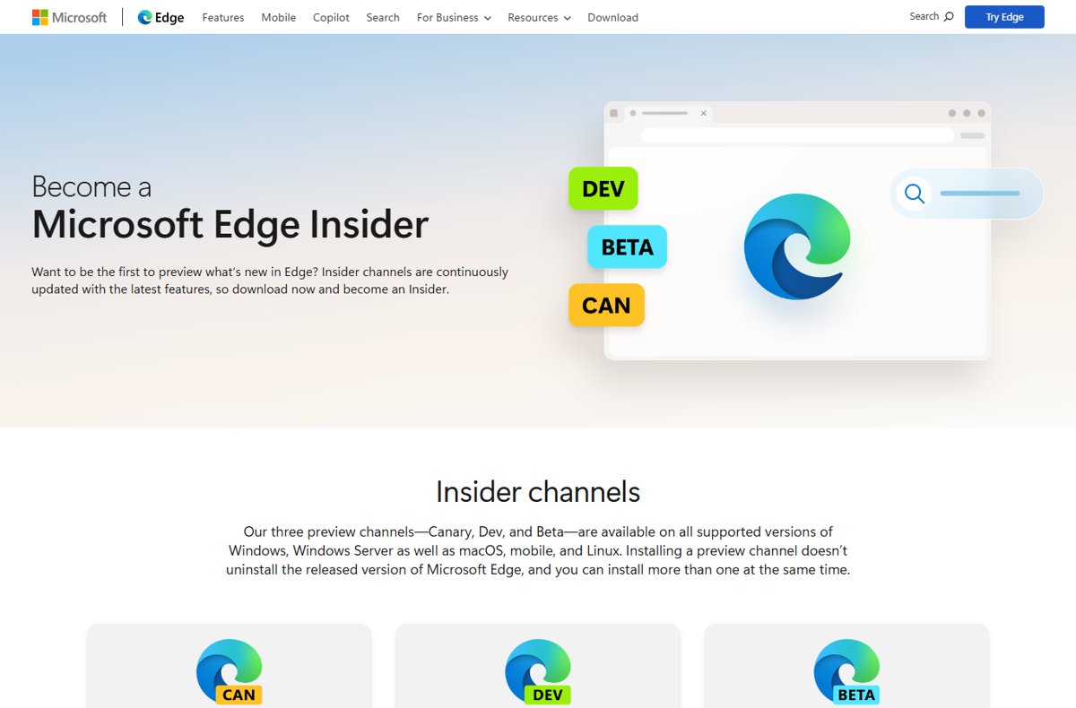 Microsoft Edge Insider page showing Canary, Dev and Beta channel badges