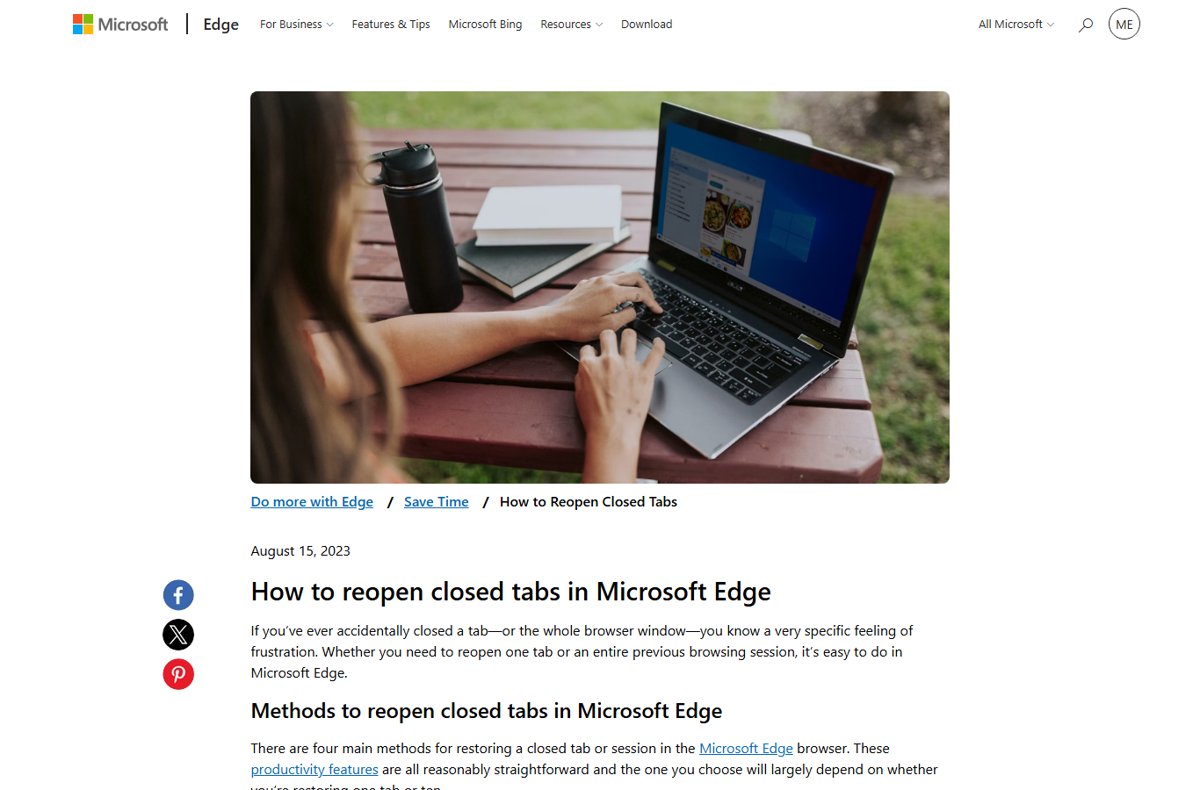 Microsoft Edge Learning Center webpage titled How to Reopen Closed Tabs