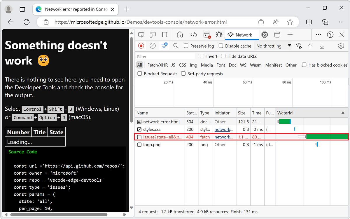 Microsoft Edge Network tool with a failed request showing status 404