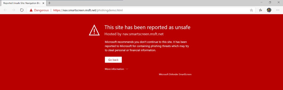 Microsoft Edge SmartScreen warning page for a reported unsafe site