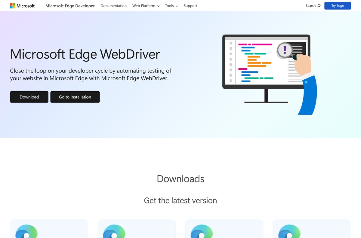 Microsoft Edge WebDriver download page, the counterpart to ChromeDriver