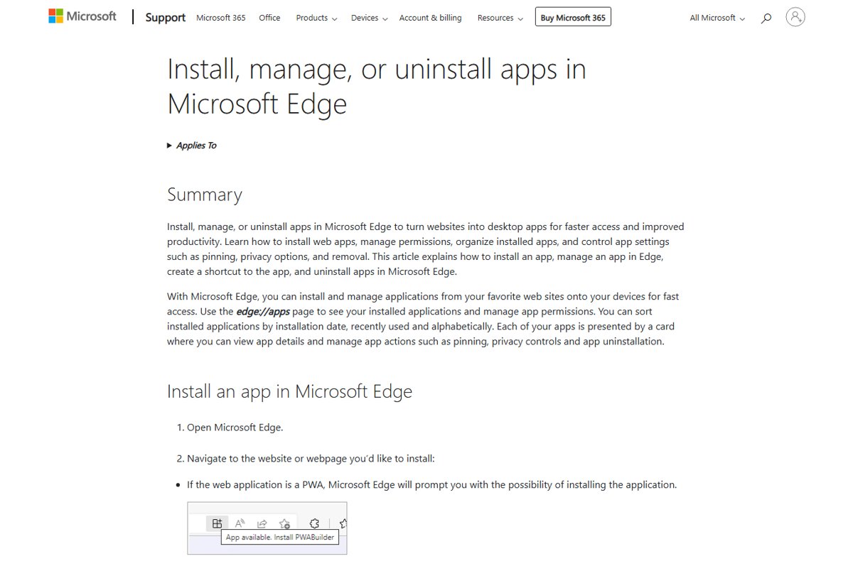 Microsoft Edge address bar showing the app install icon and tooltip