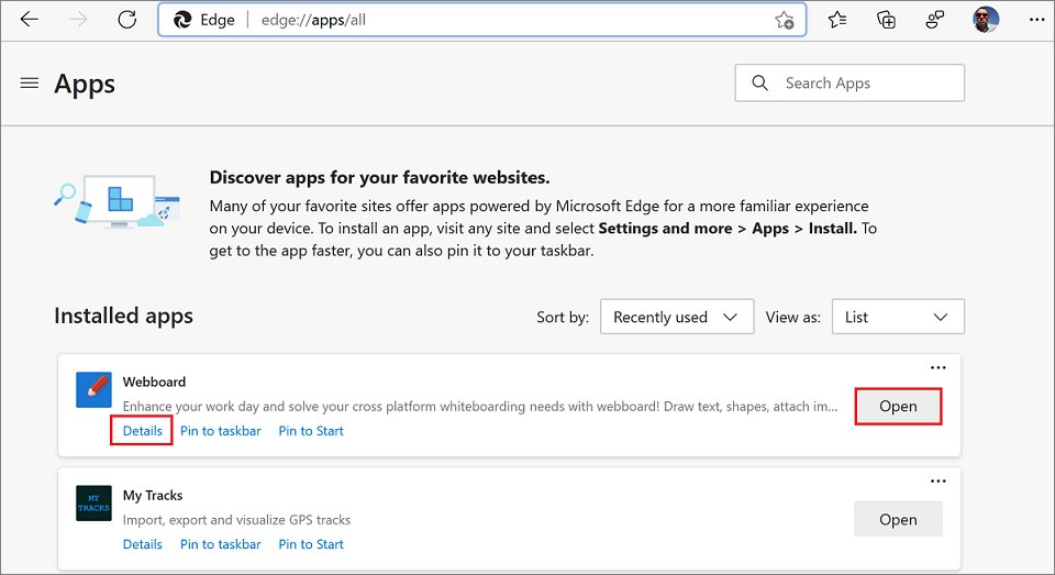 Microsoft Edge apps page with Pin to Start and taskbar links