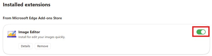Microsoft Edge installed extensions list with a green enabled toggle switch