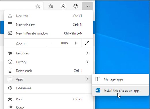 Microsoft Edge menu showing Install this site as an app