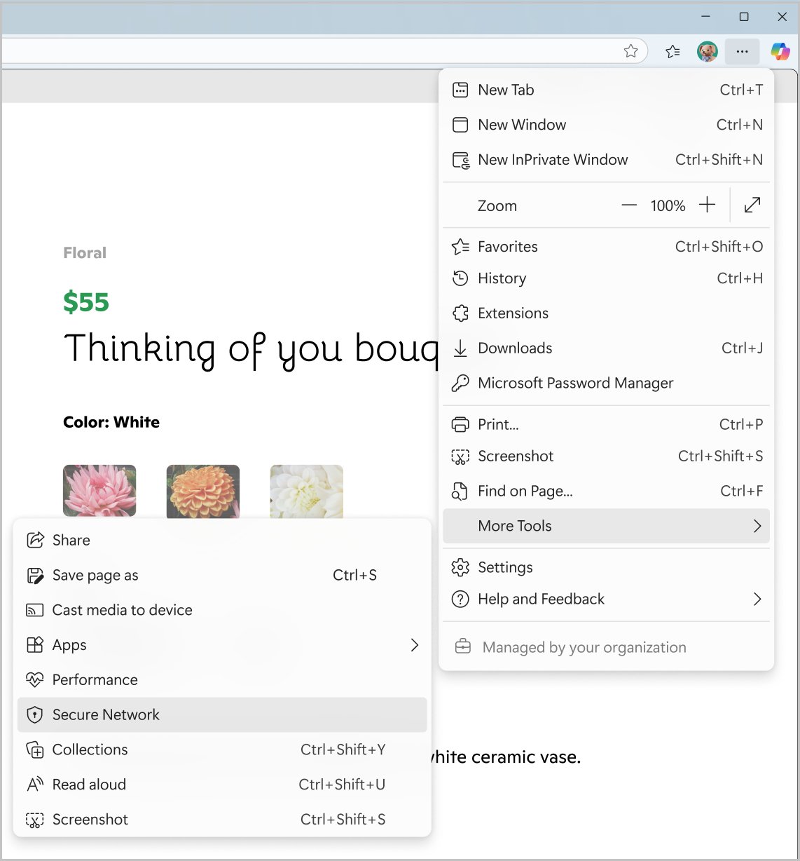 Microsoft Edge menu showing More Tools and Secure Network options