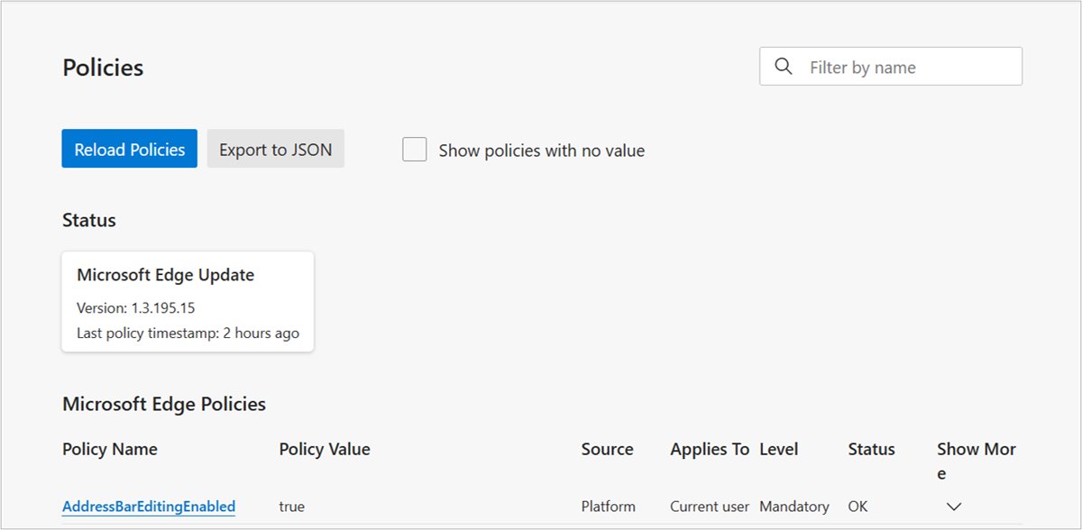 Microsoft Edge policy page listing configured policies and their values