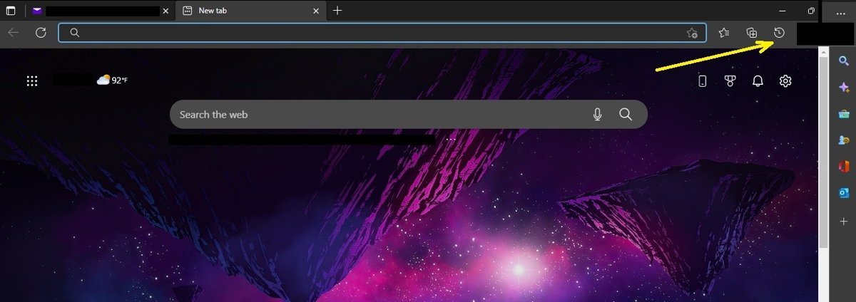 Microsoft Edge toolbar with an arrow marking the History icon
