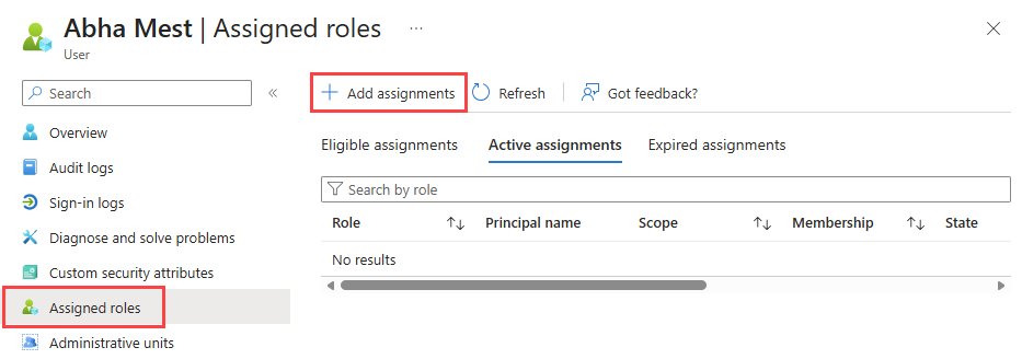 Microsoft Entra Assigned roles pane with Add assignments highlighted