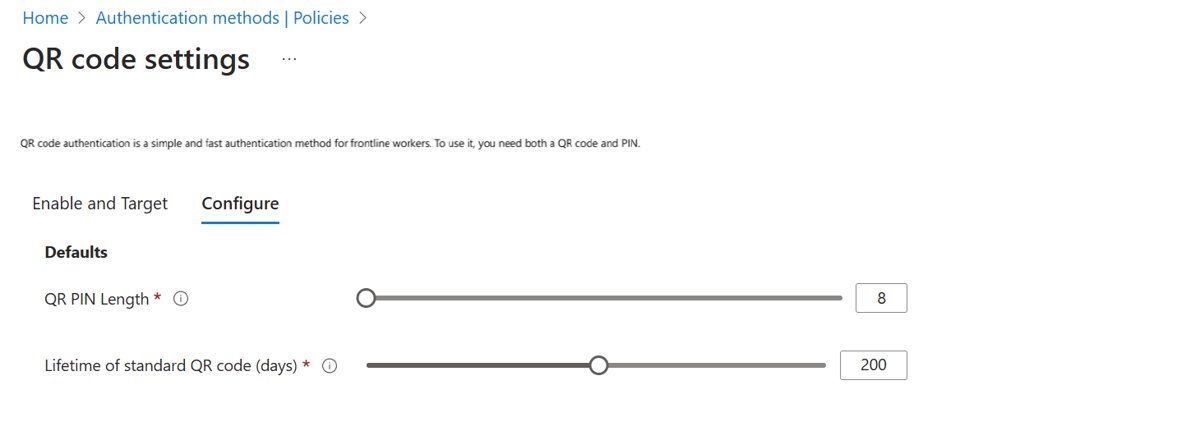 Microsoft Entra QR code settings showing PIN length and lifetime