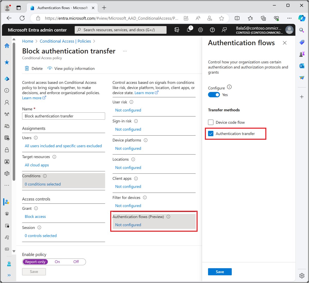 Microsoft Entra admin center Conditional Access policy blocking authentication transfer
