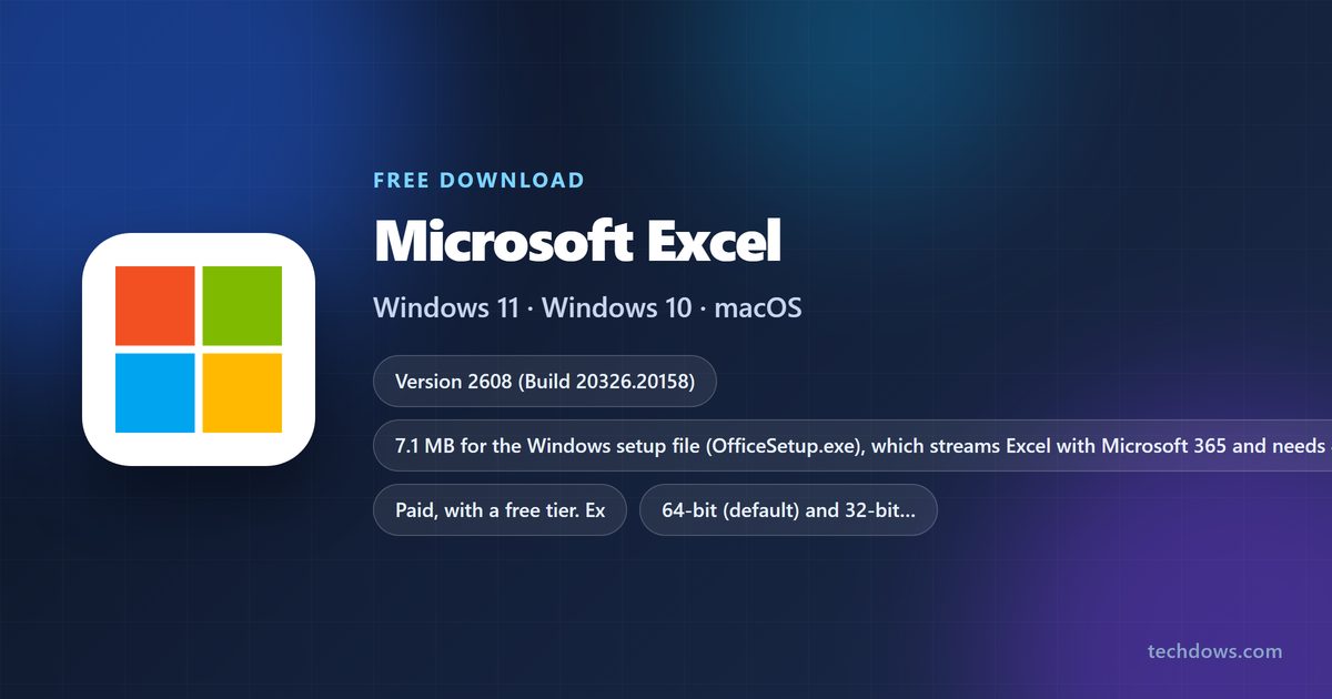 Microsoft Excel logo with version, size and supported systems