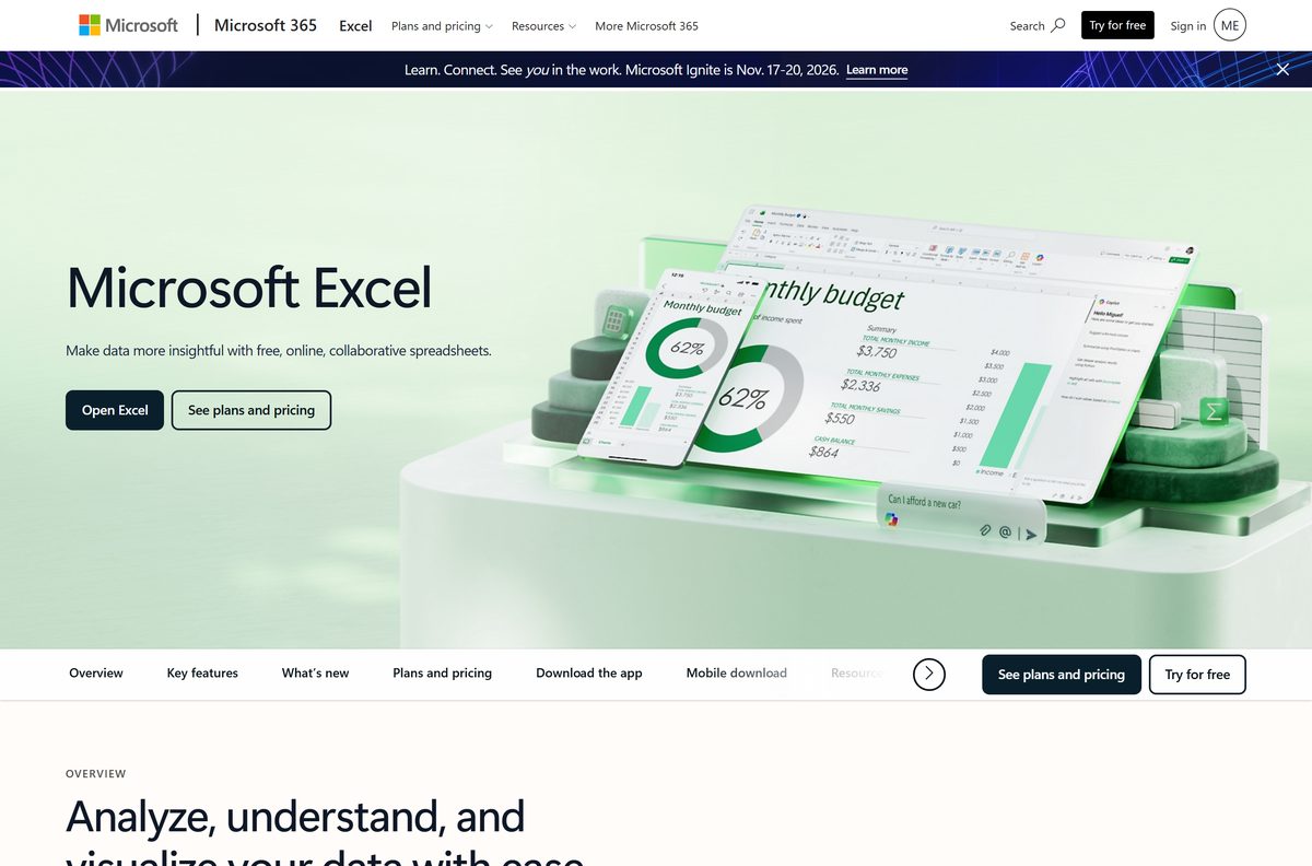 Microsoft page comparing the free Excel plan with paid Microsoft 365 plans