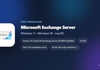 Exchange Server specification card with version, licence, size and supported systems