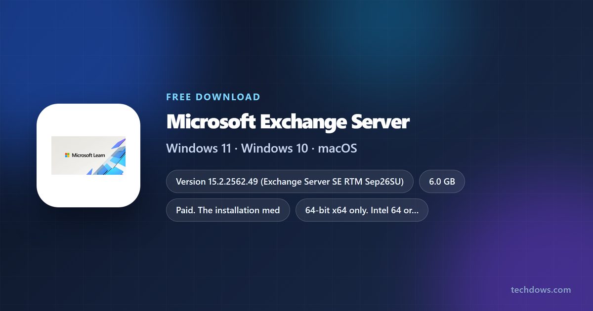 Exchange Server specification card with version, licence, size and supported systems