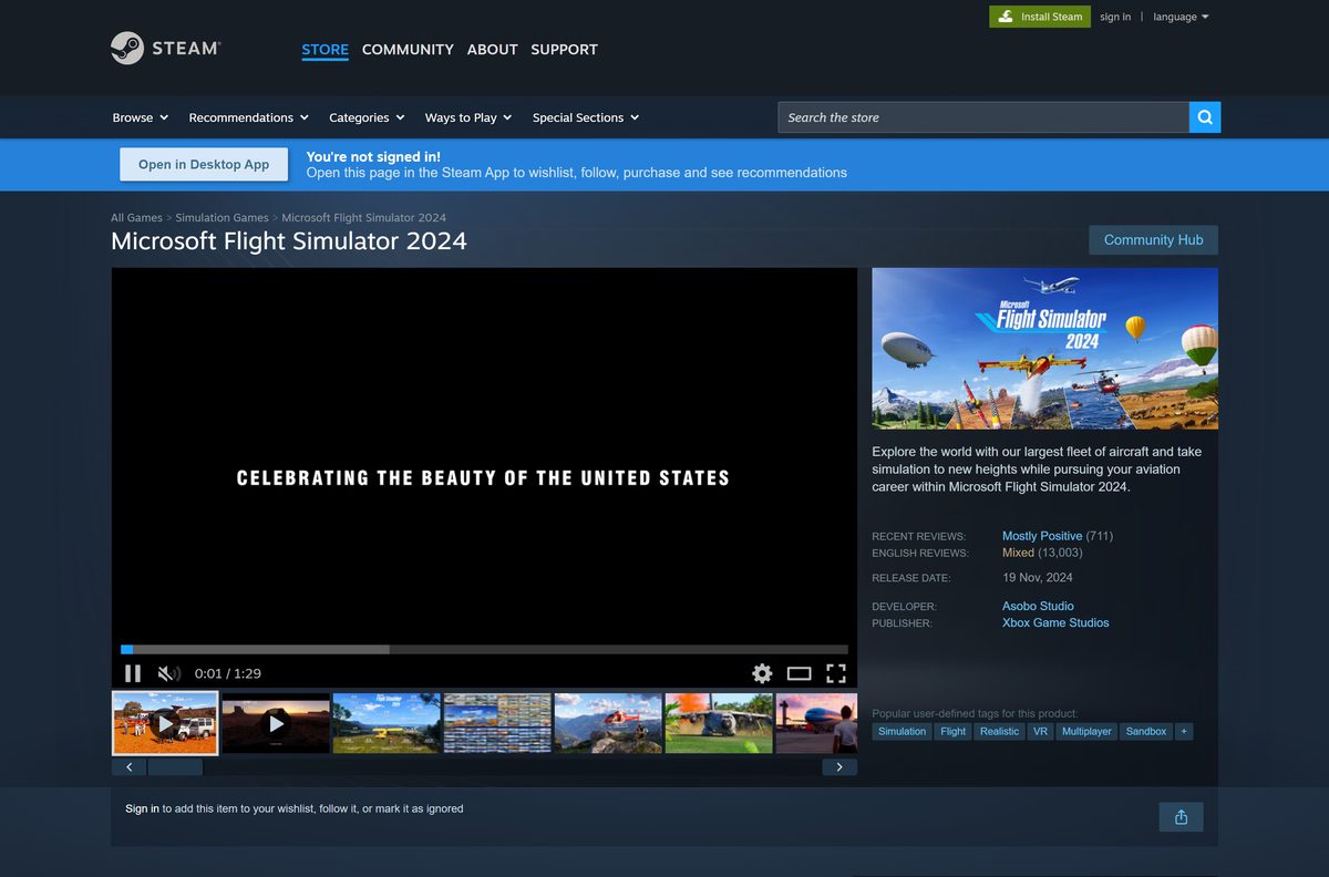 Steam store page for Microsoft Flight Simulator 2024 with its editions