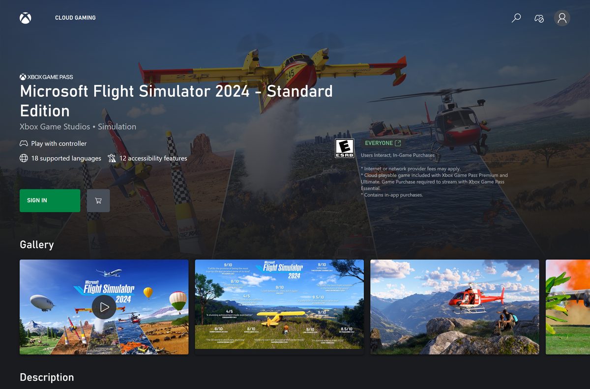 Xbox Cloud Gaming page for Microsoft Flight Simulator 2024 with its play button