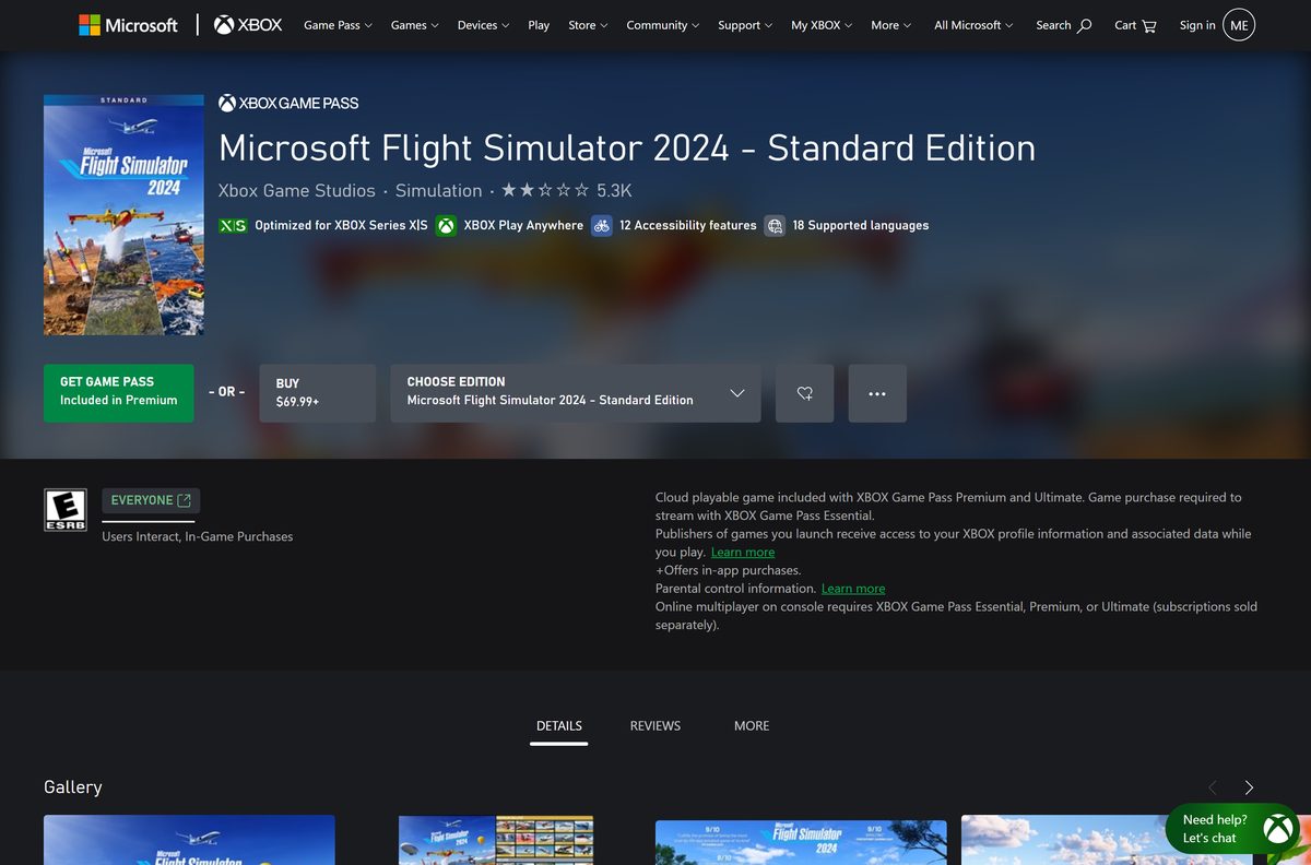 Xbox store page for Microsoft Flight Simulator 2024 Standard Edition
