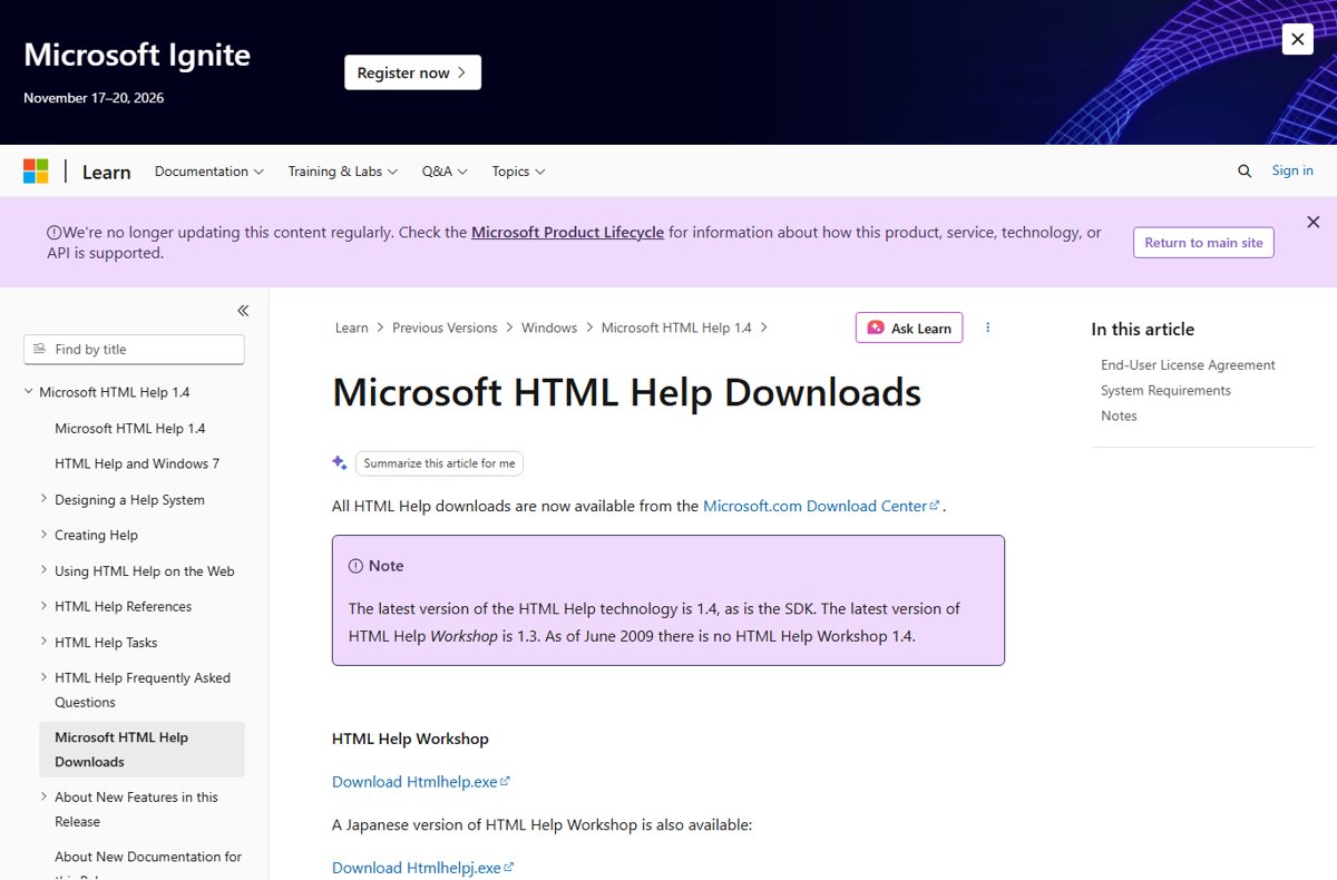 Microsoft HTML Help Downloads page with the Htmlhelp.exe download link